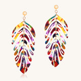 Colorful feather-shaped earrings on a white background