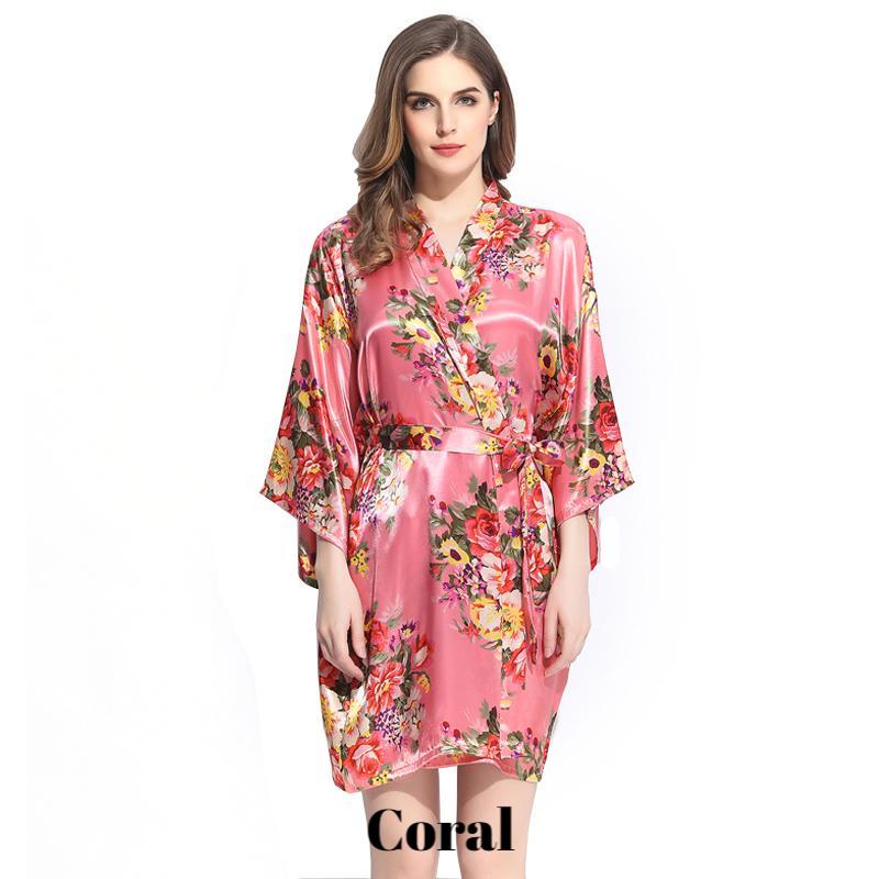 Coral satin floral robe