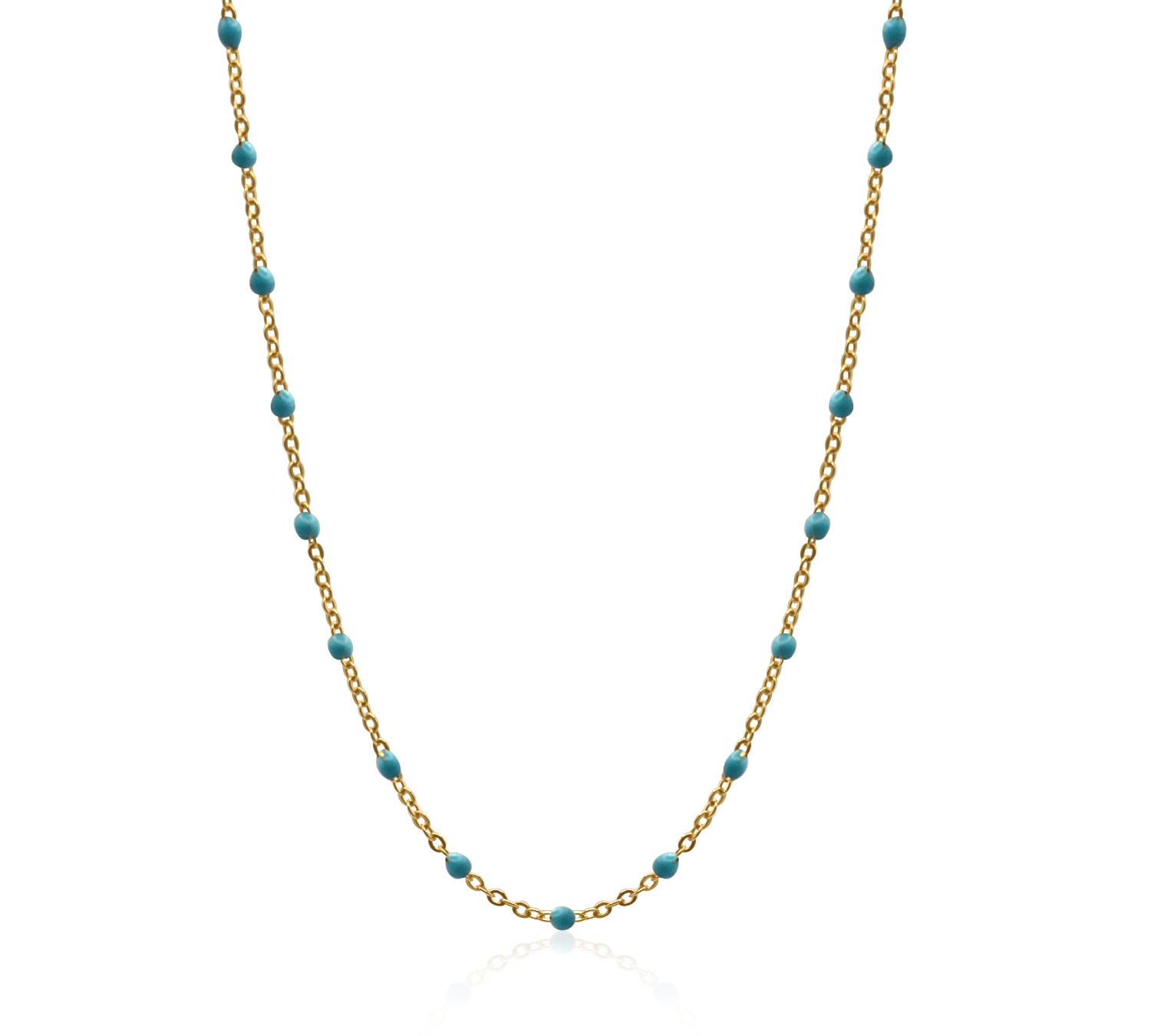 Necklace with gold chain and turquoise beads on a white background