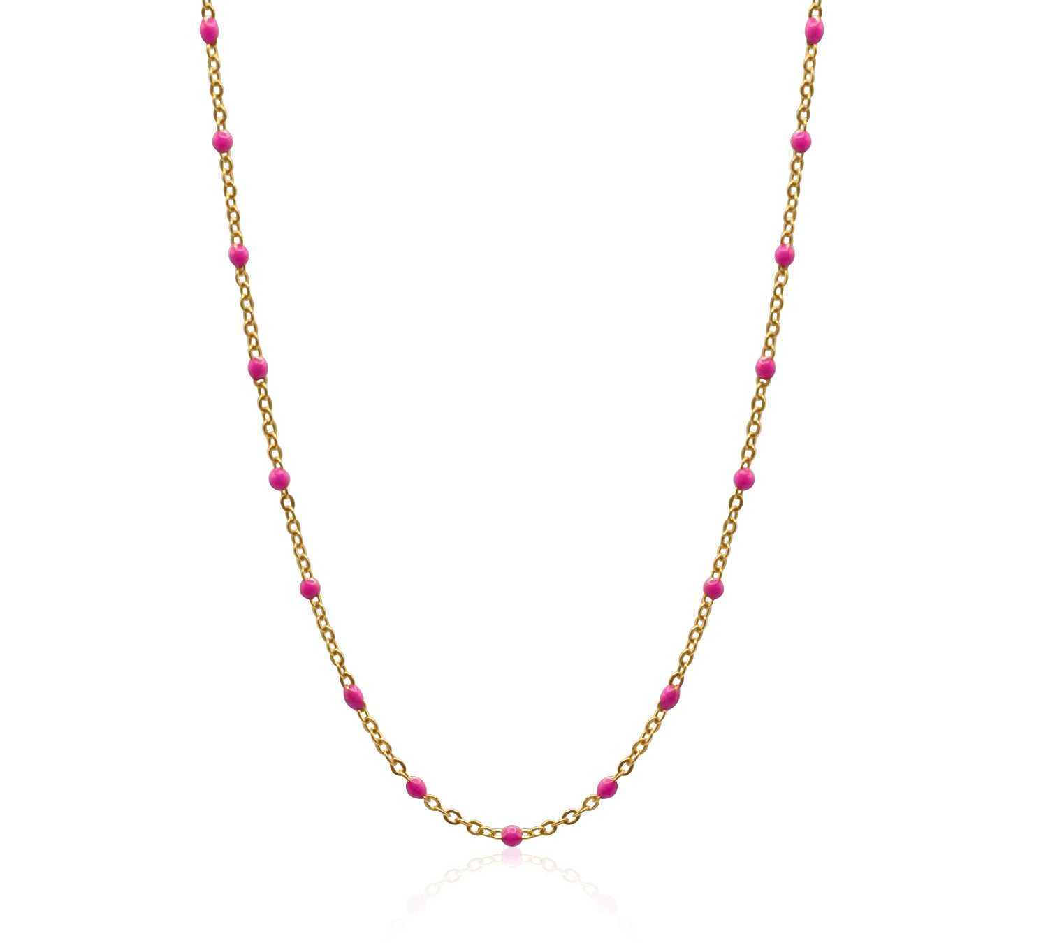 Necklace with gold chain and pink beads on a white background