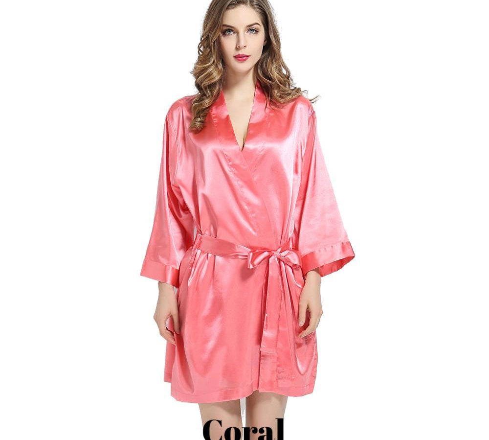 Coral solid satin robe