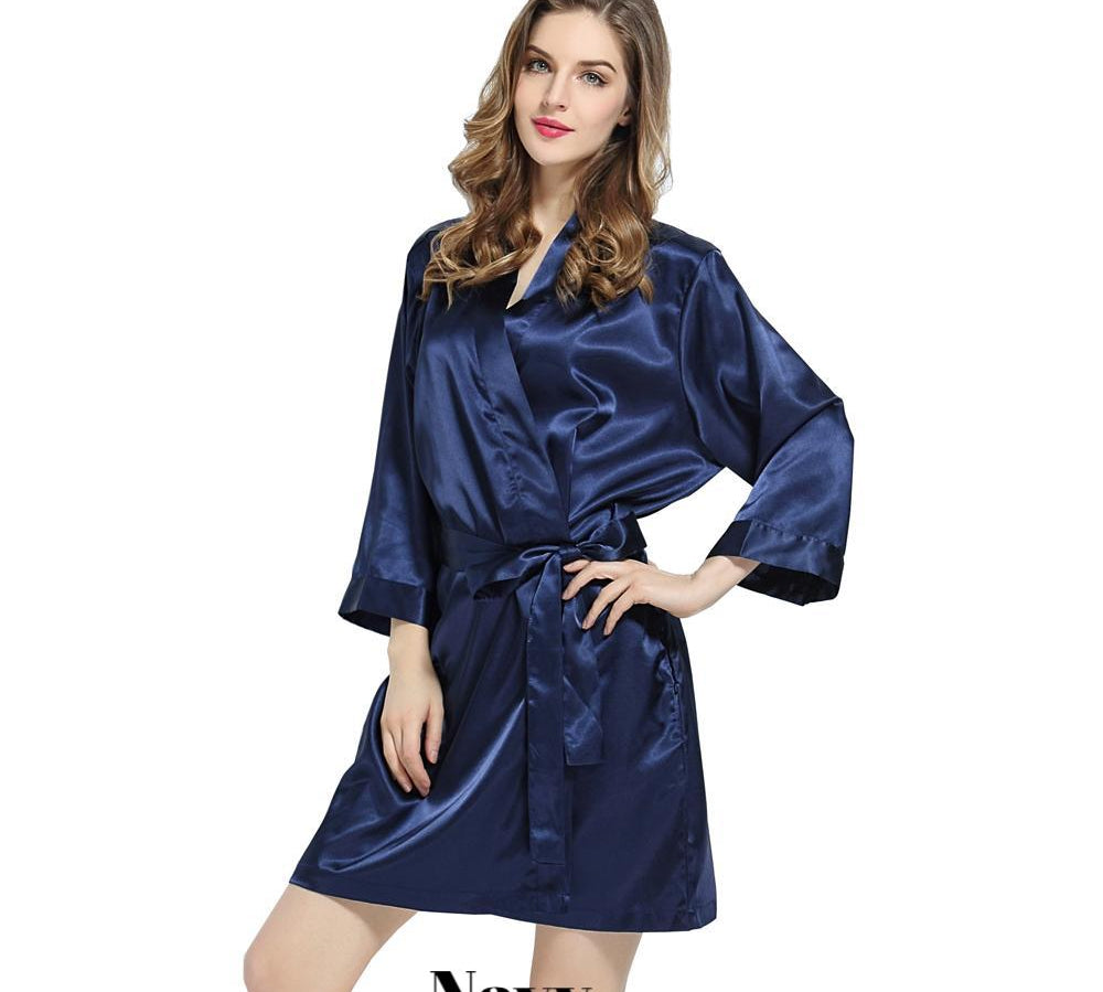 Navy solid satin robe